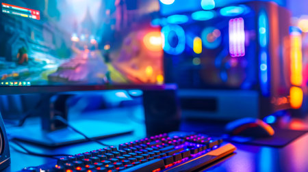 Vibrant gaming setup with neon lightsの素材