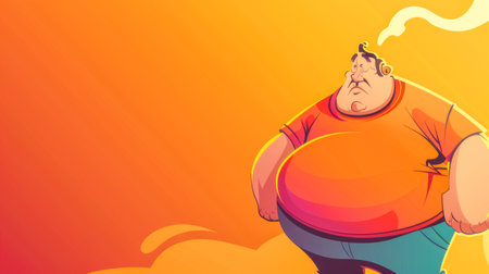 Tired cartoon man on a journey, obesity and life, copy spaceの素材