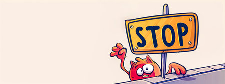 Cute monster holding a stop sign cartoon illustration, copy spaceの素材
