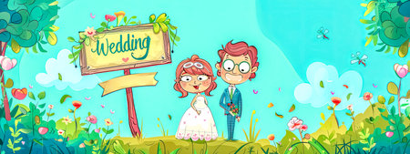 Colorful cartoon of a cute couple on their wedding day, standing in a vibrant, floral scene with a signの素材
