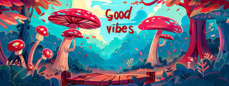 Enchanted forest scene with good vibes messageの素材