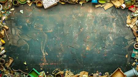 Creative workspace with art supplies and scrapsの素材