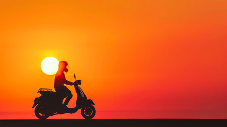 Person rides a scooter against a vibrant orange sunset backgroundの素材