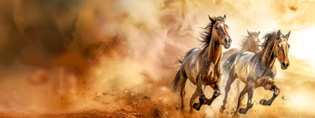 Majestic horses running in dustの素材