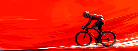 Speeding cyclist on vibrant red backgroundの素材