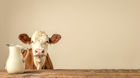 Curious cow peeking over table with milk jugの素材