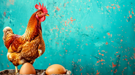 Vibrant rooster with fresh eggs on rustic backgroundの素材