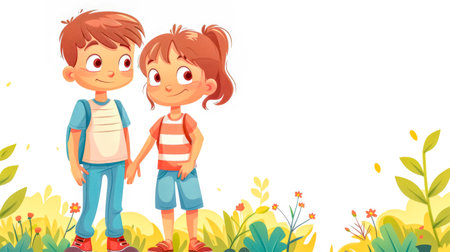 Happy cartoon siblings enjoying the outdoorsの素材