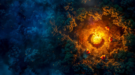 Enchanted forest clearing with glowing lanterns at nightの素材