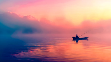 Lone fisherman in a boat on a tranquil lake with a vivid sunrise backdropの素材
