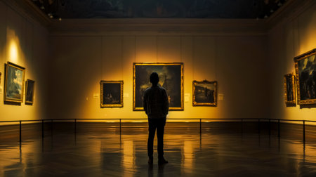 Lone visitor contemplates paintings in the tranquil ambiance of an art galleryの素材