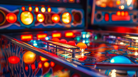 Close view of a colorful pinball game board with bright lights and glossy metal partsの素材