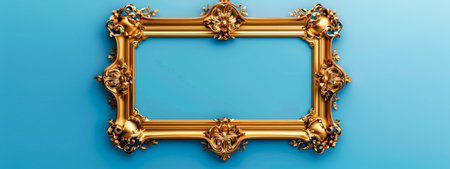 Elegant golden baroque frame on blue backgroundの素材