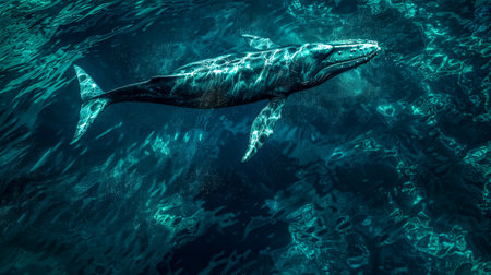 Majestic whale submerged in deep blue seaの素材