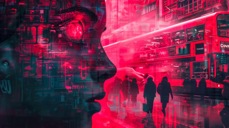 Urban dreamscape: silhouettes in a city overlayの素材