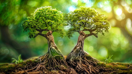 Mystical twin trees with lush canopiesの素材