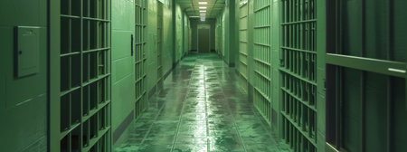 Haunting green-tinted hallway with lockersの素材