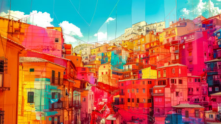 Colorful abstract overlay on mediterranean townscapeの素材