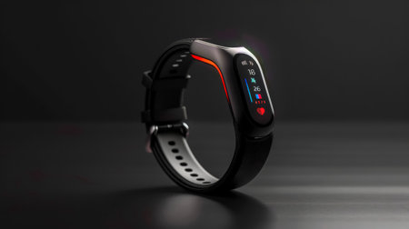 Modern smart fitness tracker on black surfaceの素材