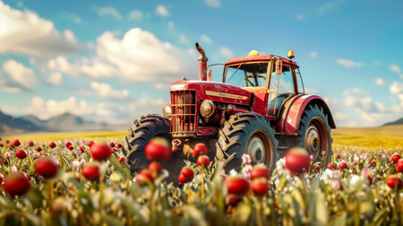 Vintage tractor in blossoming apple orchardの素材
