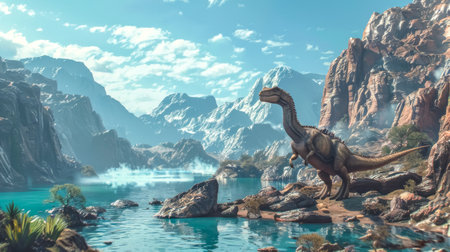 Majestic dinosaur by lakeside mountainsの素材