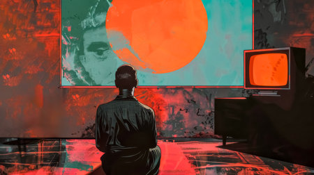 Man contemplating abstract art installationの素材