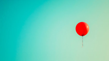 Red balloon floating in a bright blue sky representing freedom and hopeの素材