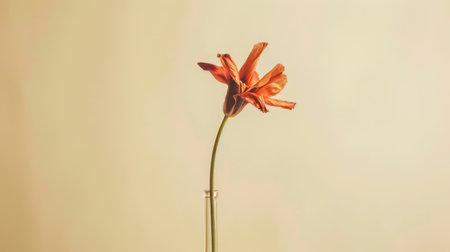 Single orange tulip standing in glass vase on beige backgroundの素材