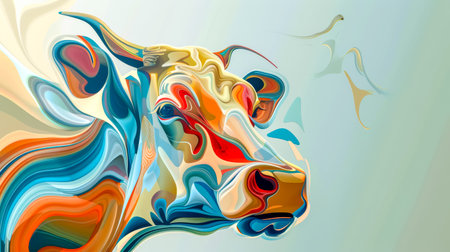 Colorful cow head emerging from abstract swirlsの素材