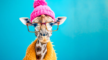 Funny giraffe wearing winter clothes posing on blue backgroundの素材
