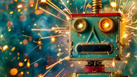 Vintage robot celebrating with fireworks and sparklesの素材