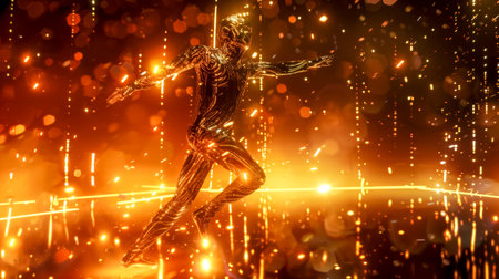 Golden android running through abstract digital rainの素材