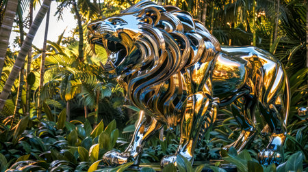 Metallic lion sculpture roaring surrounded by lush green tropical plantsの素材
