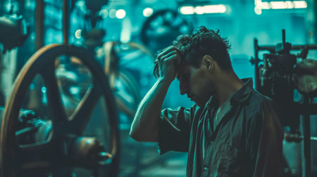 Young mechanic suffering headache touching forehead in workshopの素材