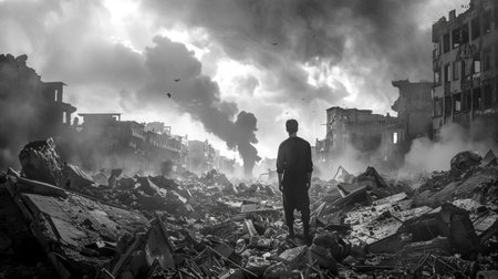 Lonely man standing in destroyed city with rubble and smoke after warの素材