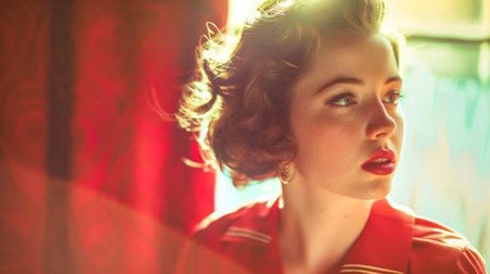 Beautiful young woman with red lips is posing by the windowの素材