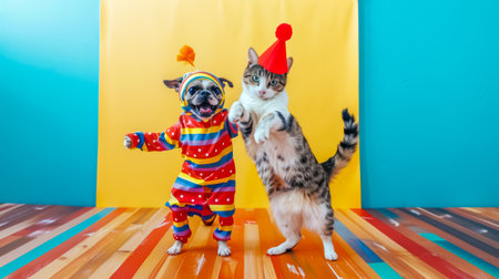 Dog and cat wearing clowns costumes having fun togetherの素材