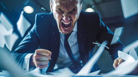 Enraged businessman yelling and slamming fists on desk with papers flyingの素材