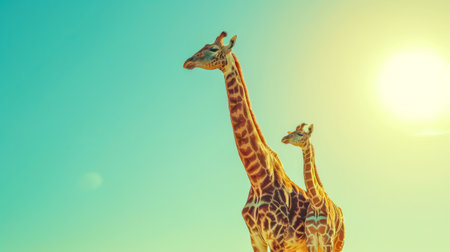 Two giraffes standing under blue sky on sunny dayの素材