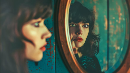 Young woman looking in mirror reflecting on herselfの素材