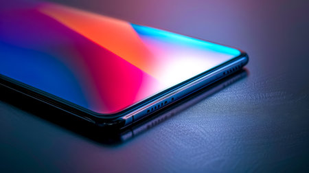 Modern smartphone laying on table reflecting vibrant colorsの素材