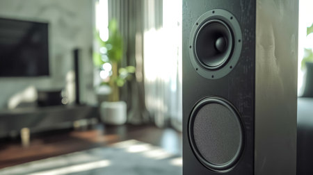 Black tower speaker reproducing sound in a modern living roomの素材