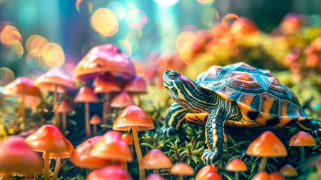 Colorful turtle exploring a magical mushroom forestの素材