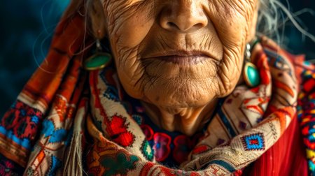 Senior native american woman wearing traditional clothing looking forwardの素材