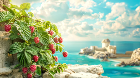 Raspberry bush growing near beautiful blue ocean on sunny dayの素材