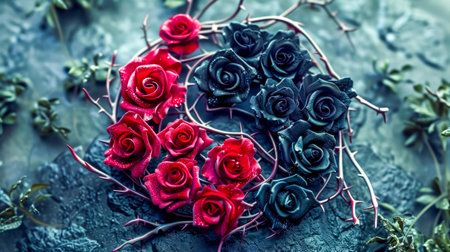 Yin yang symbol forming with red and black roses growing on thorns backgroundの素材