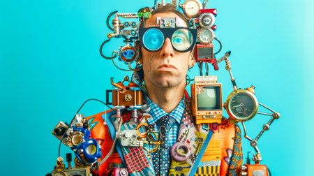 Eccentric engineer wearing complex machine and looking serious on blue backgroundの素材