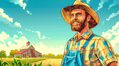 Happy farmer standing in front of farm on sunny day with blue skyの素材