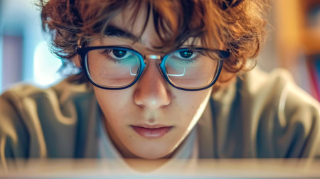 Young programmer working late and focusing on code on computer screenの素材