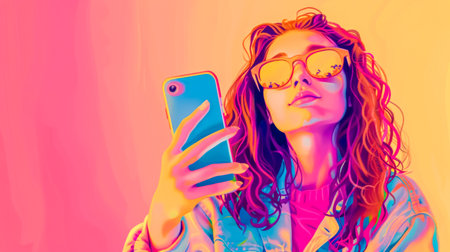 Stylish fashion blogger posing with smartphone taking selfie for social mediaの素材